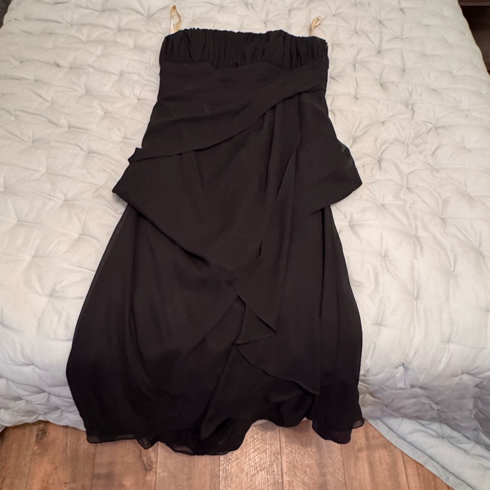 Formal strapless chiffon tea length dress black